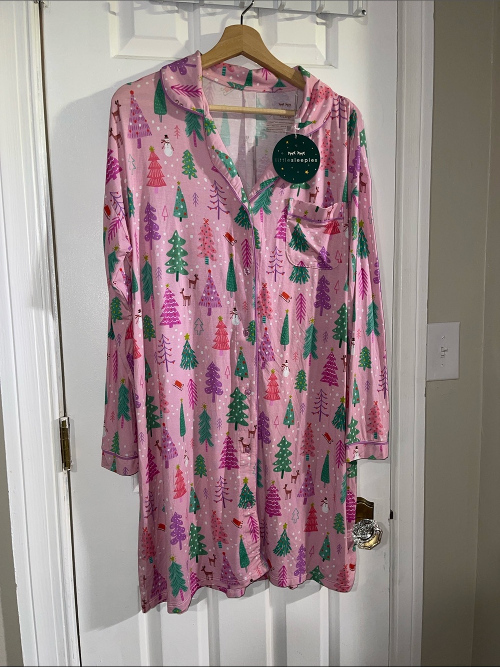 Little Sleepies Pink Merry & Bright Bamboo Long Sleeve Sleep Shirt XL NWT